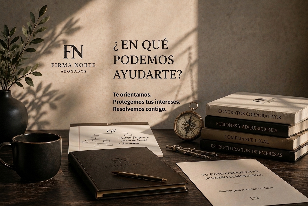 Escritorio con libreta, brújula y libros de materias jurídicas de Firma Norte Abogados